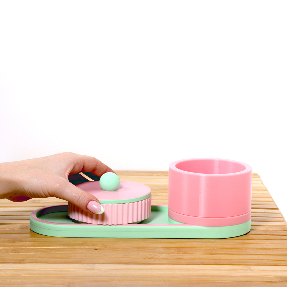 Bubblegum Bedside Bestie with pastel pink and mint, 3D printed by Mewse