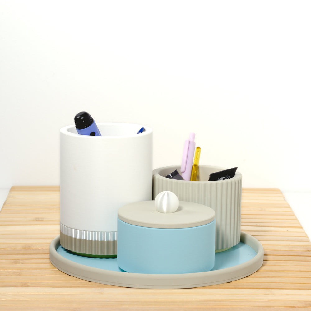 Baby Blue MakeUp Stack with pistachio, white and pearl, 3D printed by Mewse, view 3