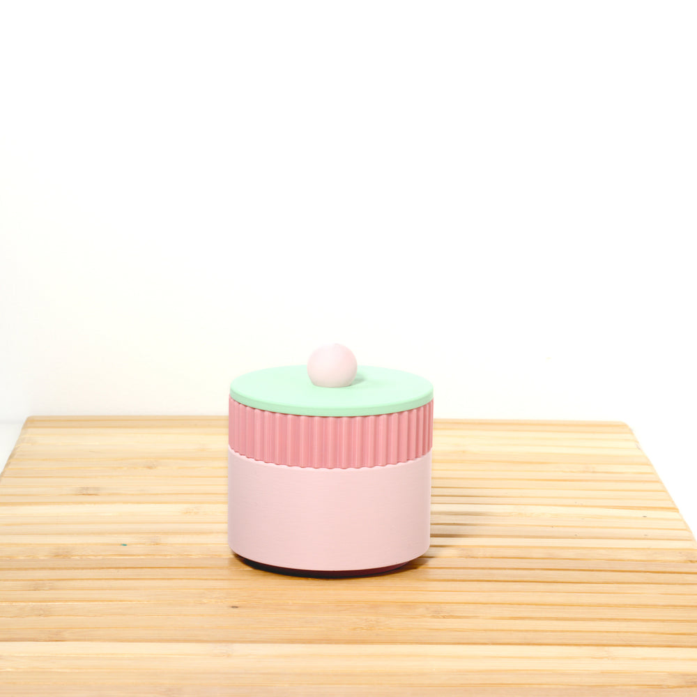 Pastel pink MiniStack with a bubblegum band and mint lid, 3D printed by Mewse