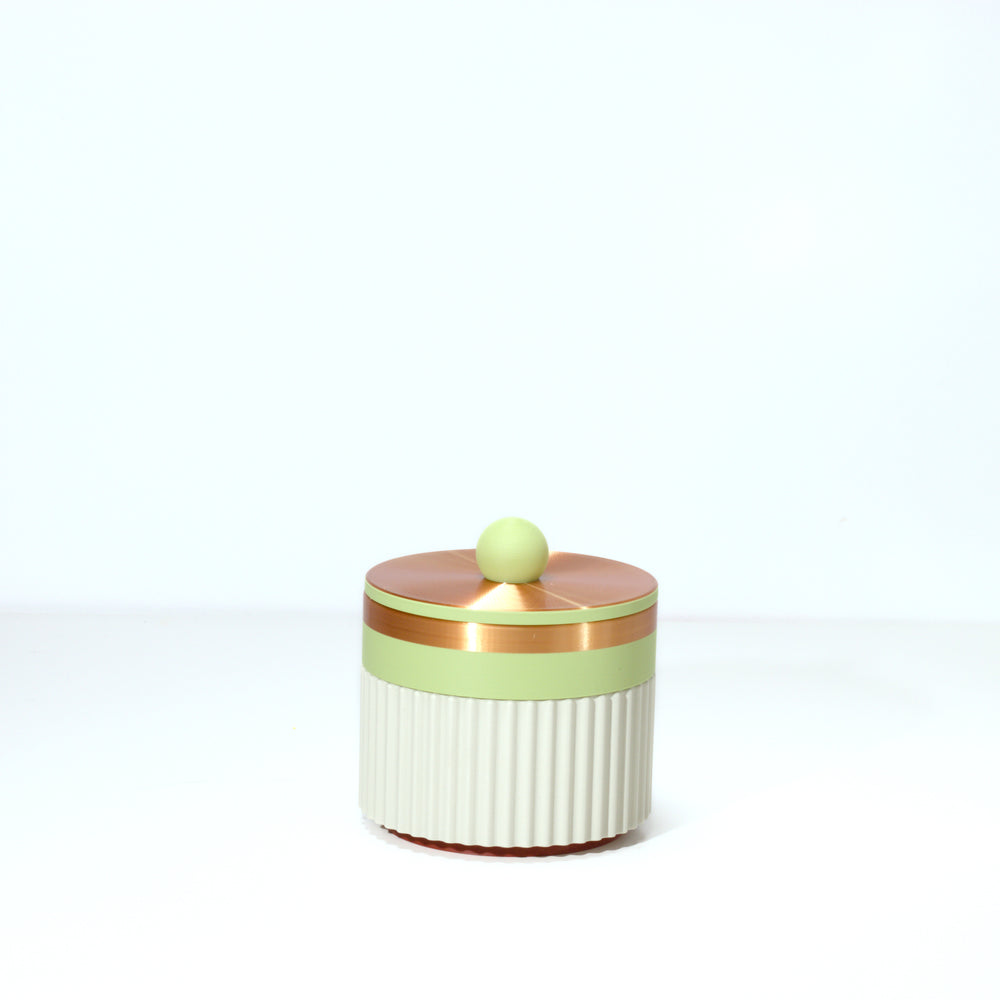 Pistachio MiniStack with a matcha green band and bronze trim, 3D printed by Mewse