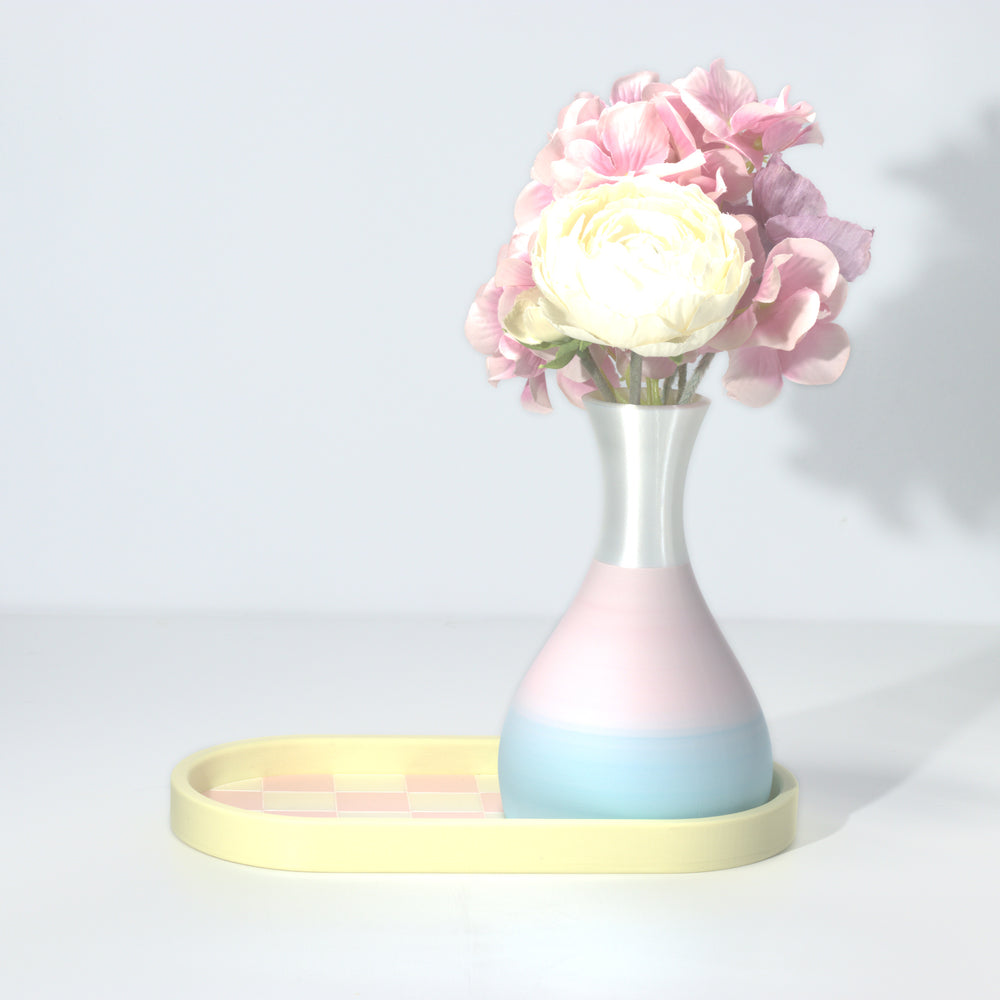 Lemon Two Can Tray + Vase with pastel rainbow and pearl, 3D printed by Mewse