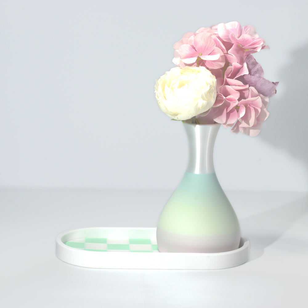 White Two Can Tray + Vase with pastel rainbow and pearl, 3D printed by Mewse