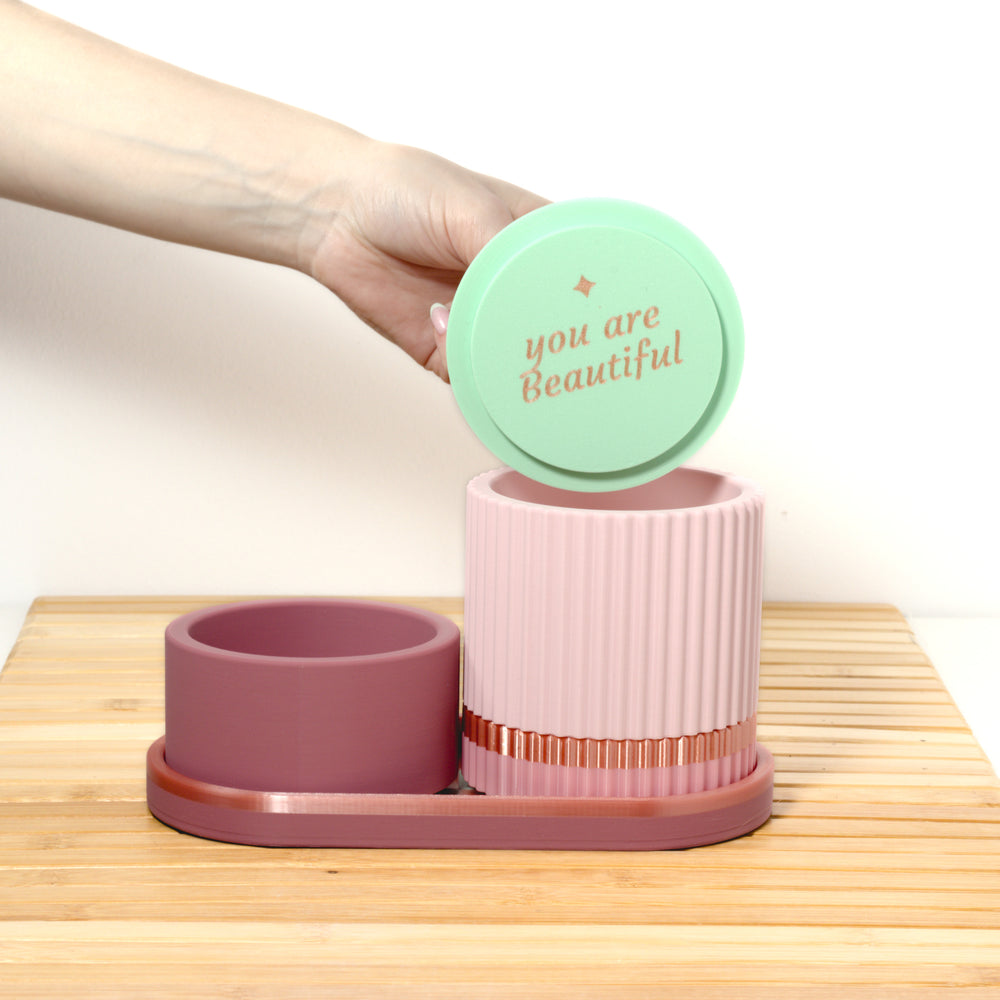 Rose Organiser Stack with pastel pink, mint and rose gold, 3D printed by Mewse, view 3