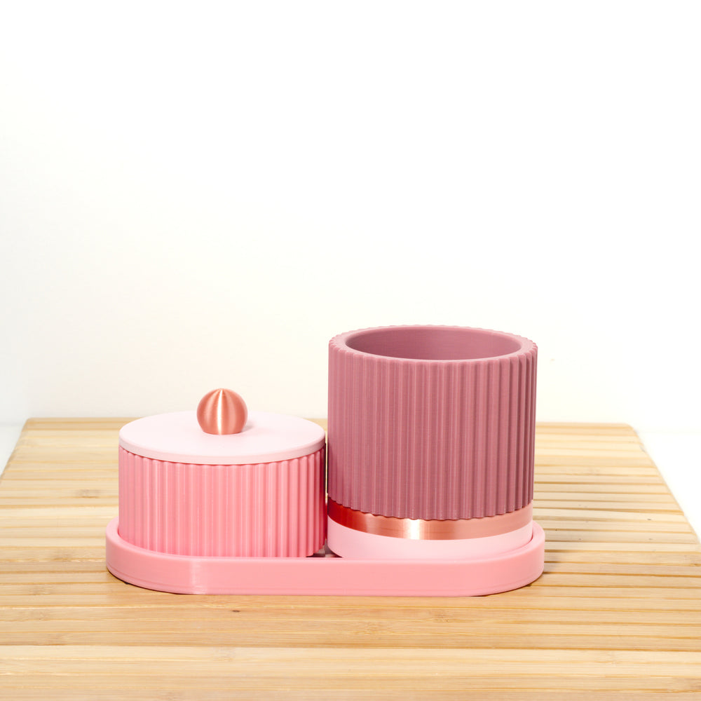 Bubblegum Organiser Stack with pastel pink, rose and rose gold, pastel pink lid, 3D printed by Mewse, view 2